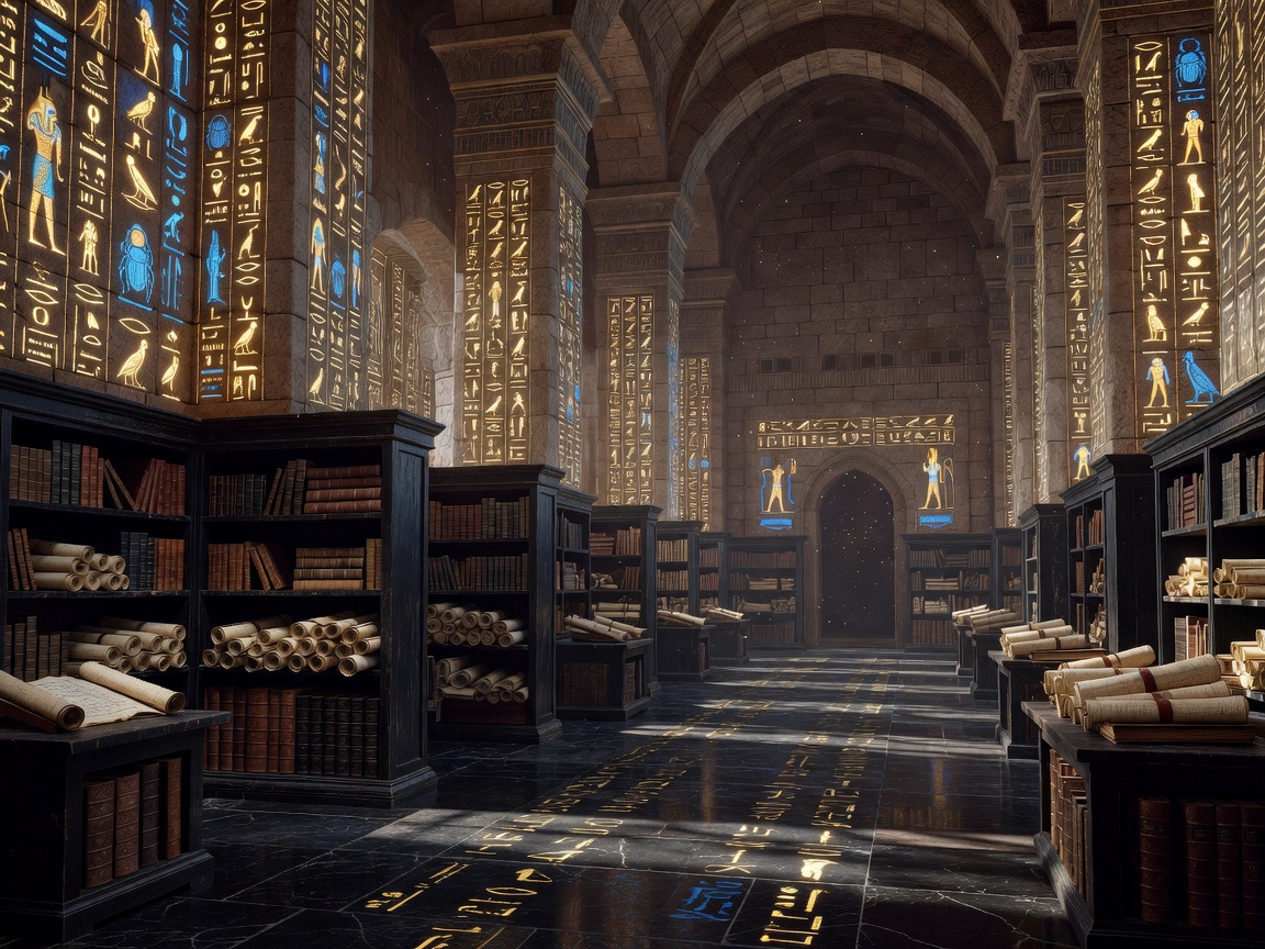 Ancient royal library with glowing hieroglyph-covered walls