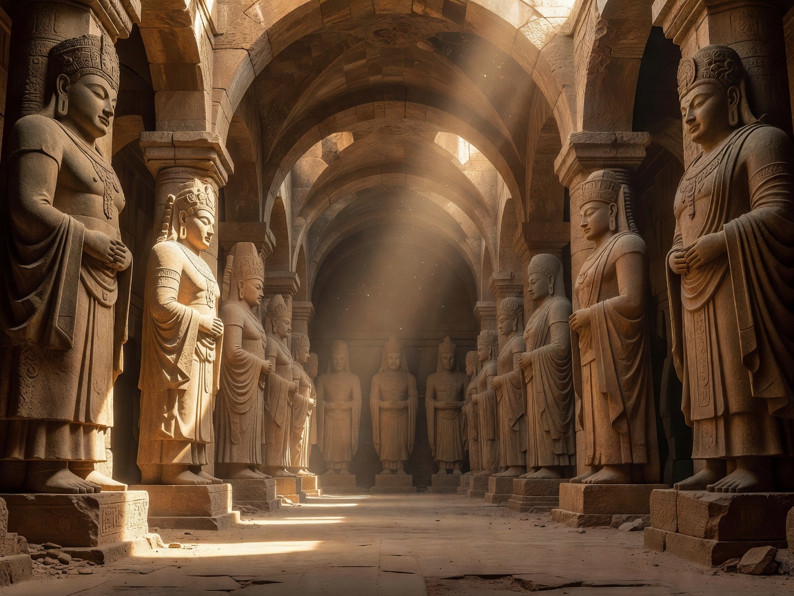Monumental Hall of Gods featuring colossal sandstone statues