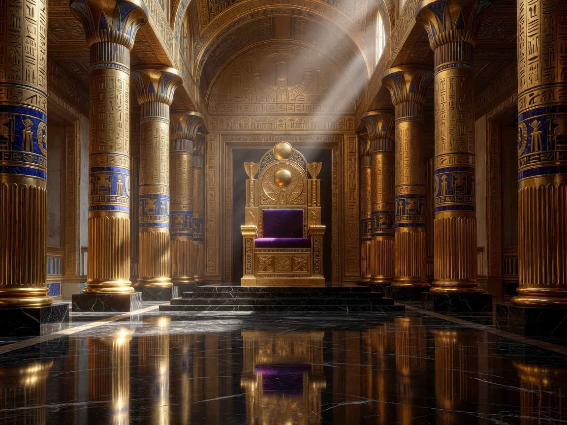 Luxurious pharaoh throne room with massive golden pillars