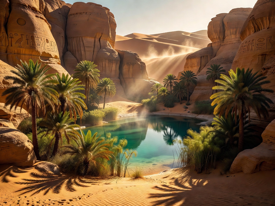 Cinematic sacred Egyptian oasis with dramatic lighting
