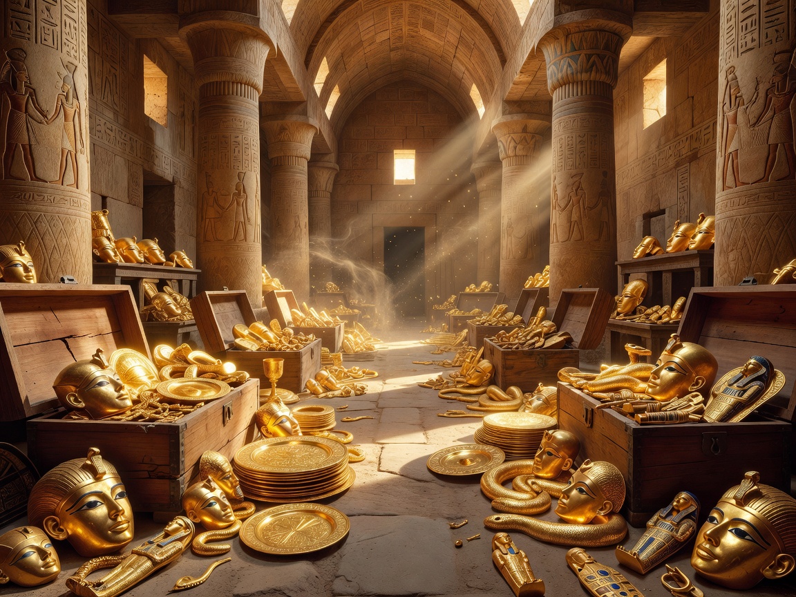 Cinematic view of an ancient Egyptian temple treasury filled with glowing gold artifacts